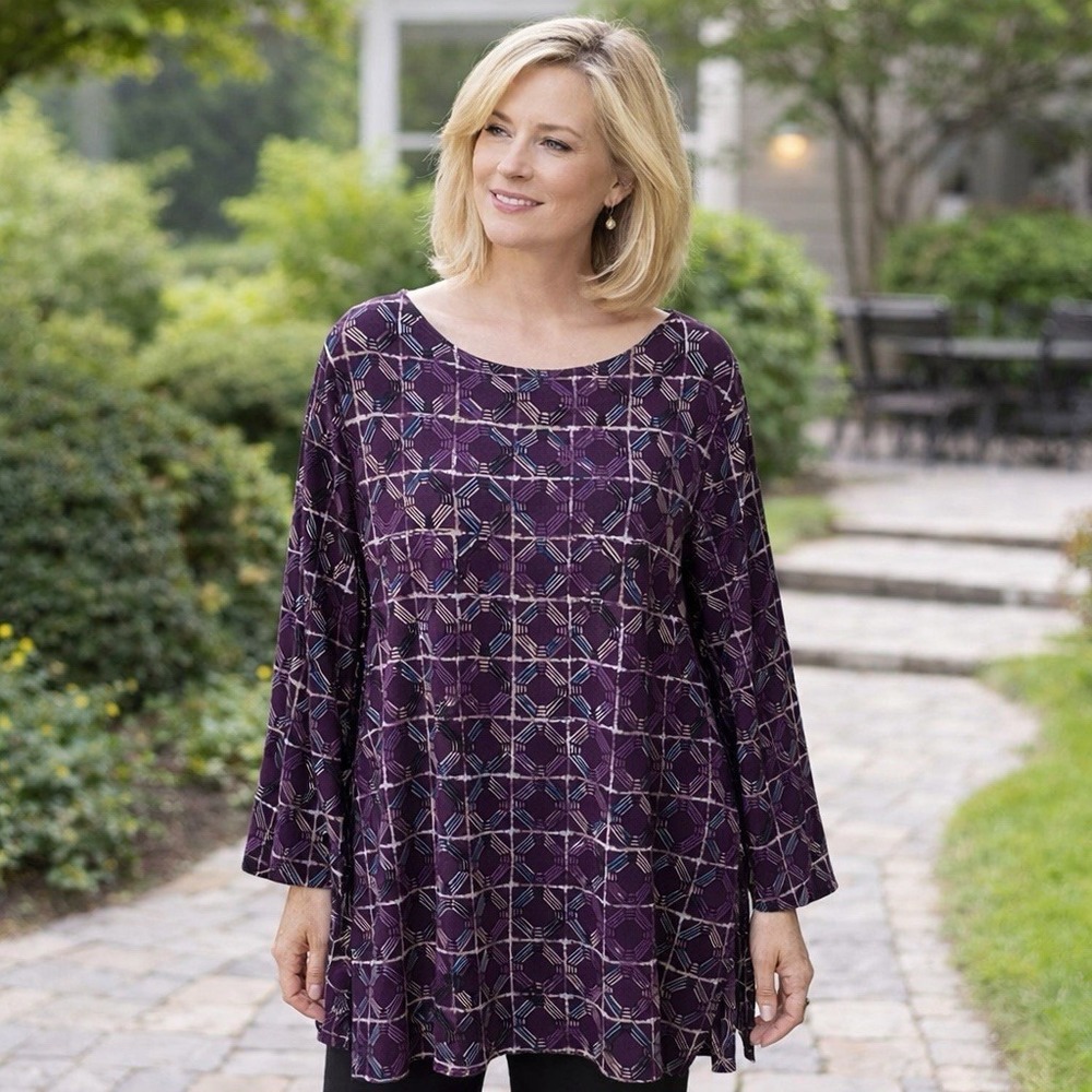Chico's Travelers Mosaic Tile-Print Tunic Stretch Slinky Knit Church Old Money M